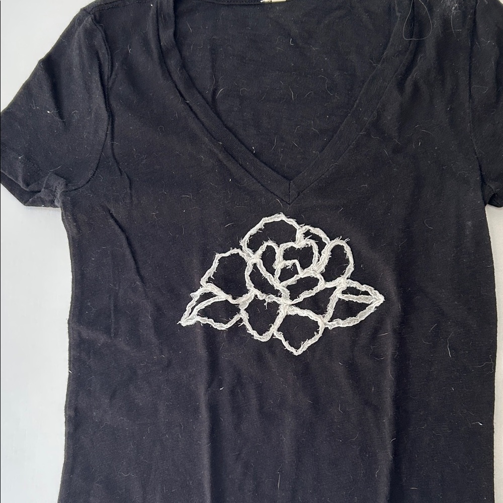 J. Crew Black V-Neck Tee with White Floral Embroidery